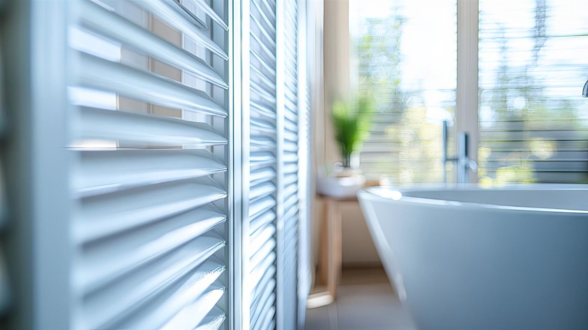 White louvred shutters beside a bathtub in a bright bathroom