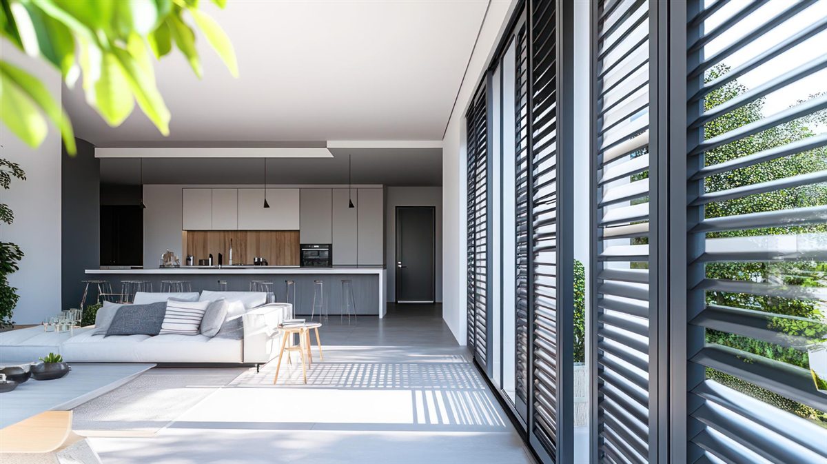 Bright living room with tall louvred openings along an exterior wall