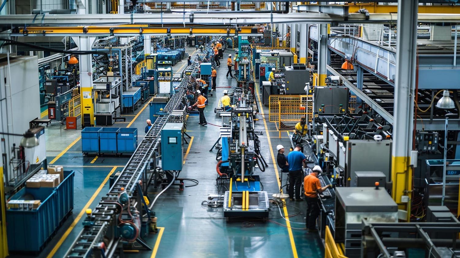 Overview of machinery and workstations across a factory floor