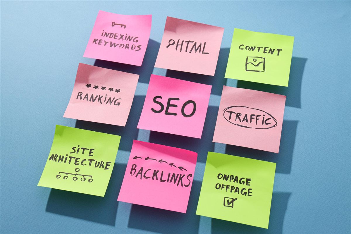 Colourful sticky notes labelled SEO, content, rankings and traffic